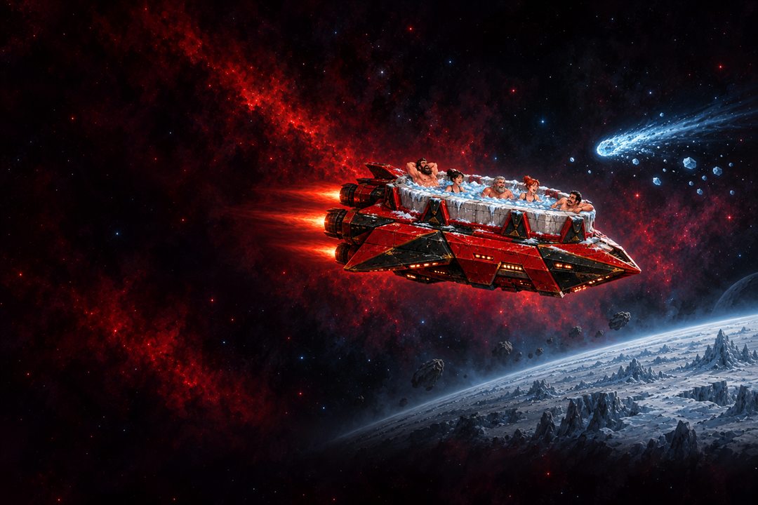 Cold Plunge Tender, a red Trihardchy warship that is mostly an ice bath full of grinning crew