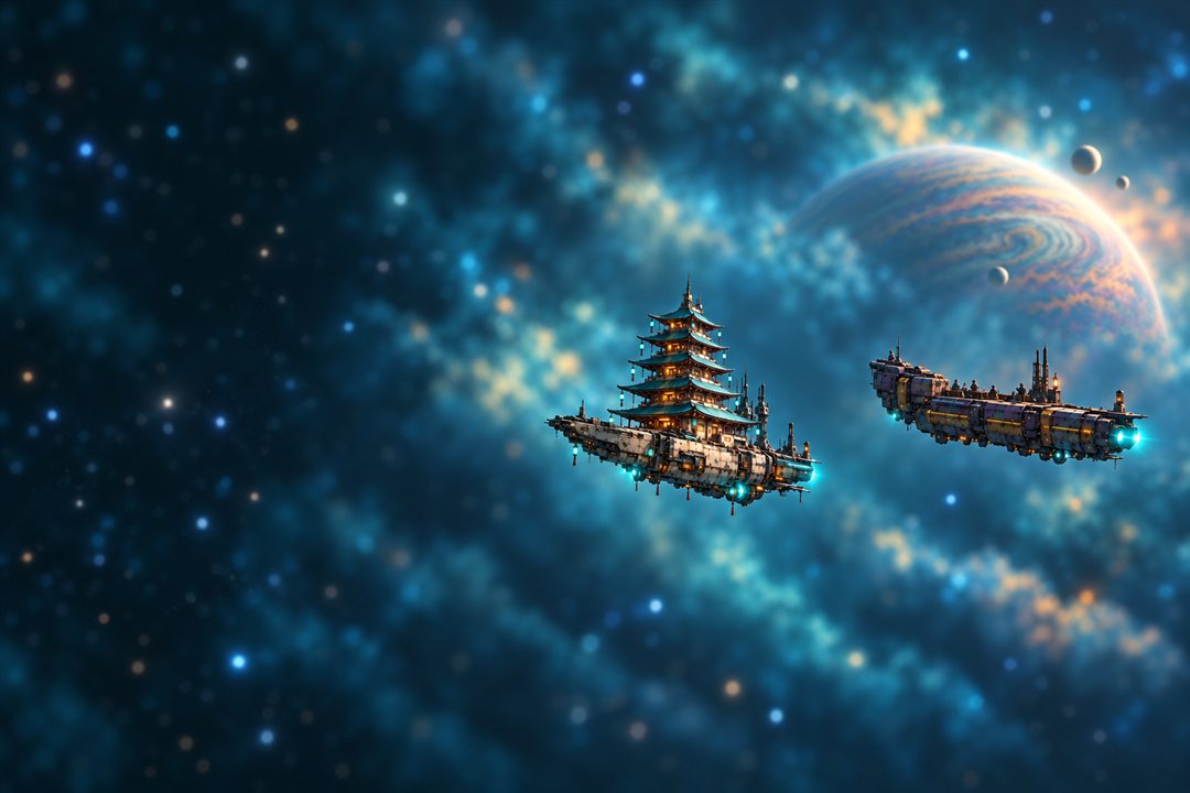 The Patient Pagoda, a Globois pagoda warship drifting past a ringed planet while a freighter waits stuck behind it
