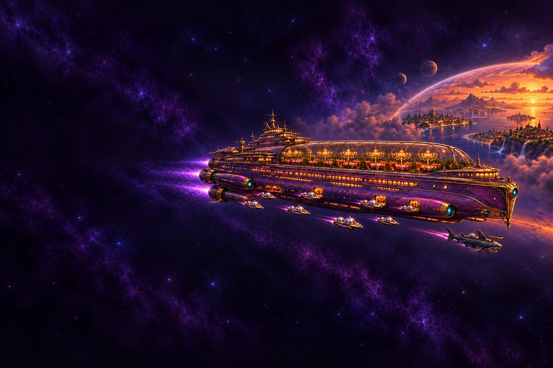The Sunday Gravy, La Costa Mostra's restaurant mega-yacht flagship, cruising past a sunset planet with a shark escort