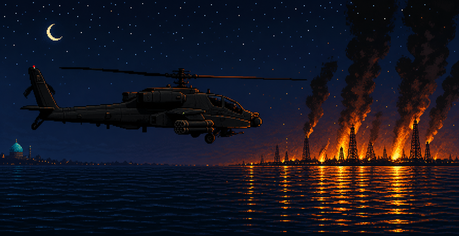 PERSIAN STRIKE: RETRIBUTION key art — a gunship over dark water, oil derricks burning under a crescent moon